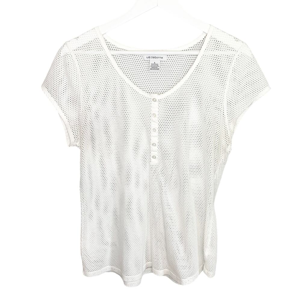 Vintage Liz Claiborne White Mesh Henley Top - Large
